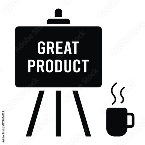 Obraz Product Presentation Icon Vector — Whiteboard Display with “GREAT PRODUCT” Text and Coffee Mug