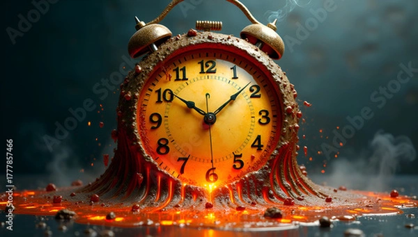 Fototapeta An old alarm clock creates a beautiful scene of molten lava flowing through it.