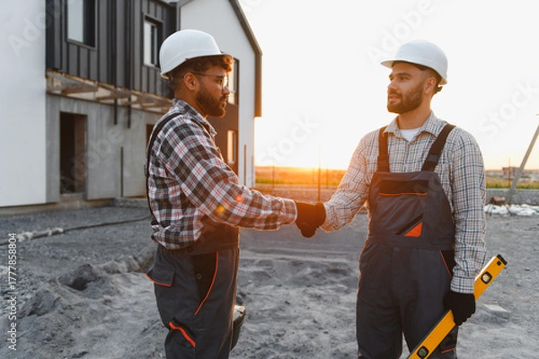 Fototapeta Construction workers handshaking on building site at sunset