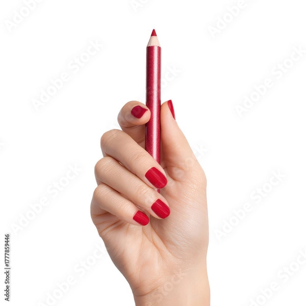Fototapeta A Touch of Crimson: A slender, manicured hand delicately cradles a vibrant red pencil, symbolizing beauty, artistry, and precision.