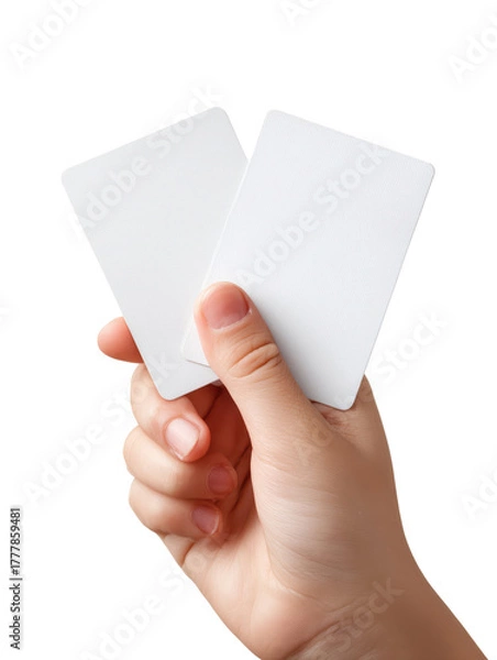 Obraz Cards in Hand: A close-up shot of a hand holding two blank cards, ideal for showcasing designs or messages. The image is clean and simple, highlighting the cards.