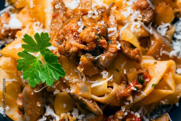Obraz Pasta con funghi e ragù di carne, cibo italiano 