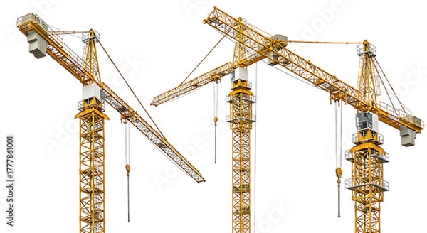 Fototapeta Multiple yellow tower cranes are displayed against a solid black background