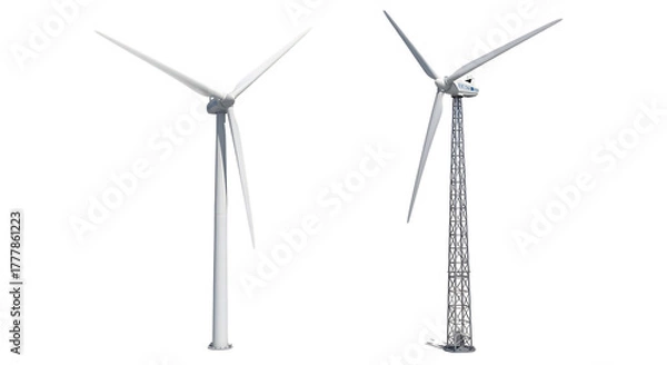 Fototapeta Two distinct styles of wind turbines are presented against a solid black background for comparison