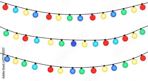 Fototapeta Multiple strings of brightly colored globe lights illuminate a dark background