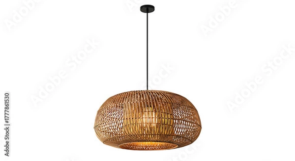 Fototapeta Illuminated woven natural fiber pendant light fixture hangs against a stark black background