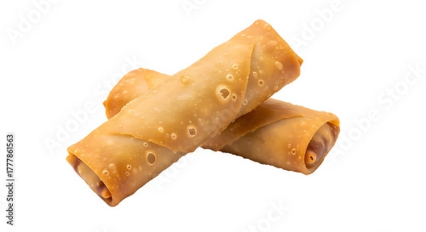 Fototapeta Two golden brown crispy fried rolls are stacked diagonally against a solid black background