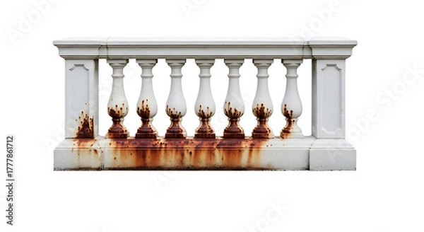 Fototapeta Section of white concrete balustrade displays significant corrosion staining on its lower elements