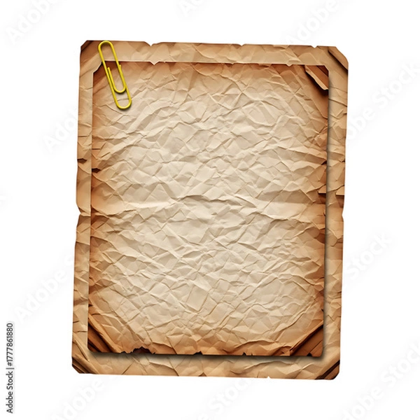 Fototapeta Stacked layers of aged, crumpled paper held together by a bright stationery fastener on a dark background