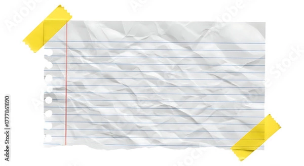 Fototapeta Crumpled piece of lined notepad paper is attached with adhesive tape against a dark background