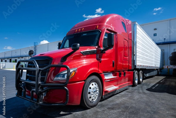 Fototapeta Red semi truck with trailer parked in warehouse loading dock