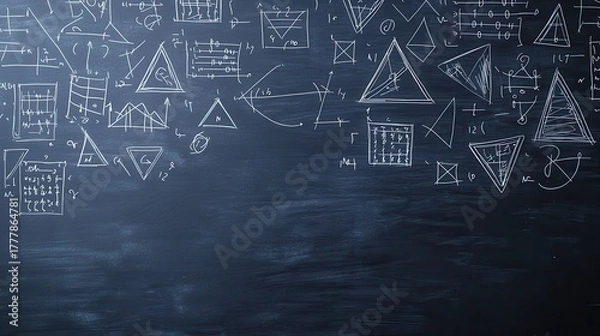 Fototapeta A blackboard filled with mathematical symbols, geometric shapes, and equations, showcasing complex mathematical concepts and theories.