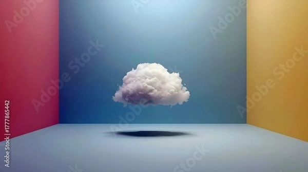 Obraz Floating Cloud in Empty Room
A small white cloud hovering inside a minimal pastel room — surreal but calming, used often in ads and concept art.