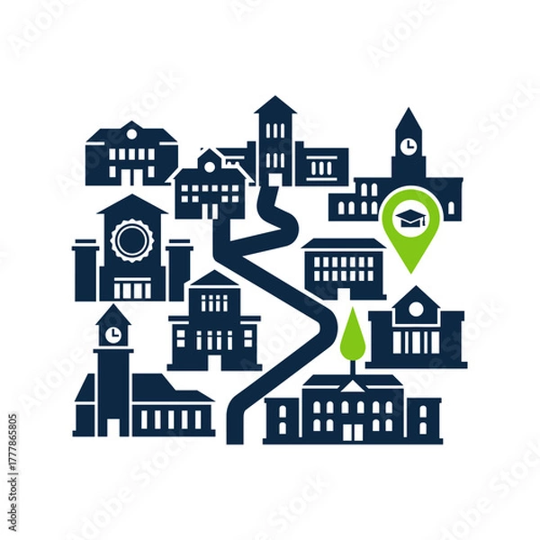 Fototapeta Vector icon representing a school campus layout with buildings and a winding pathway