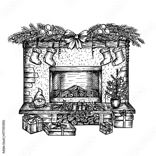 Obraz Sketch illustration of a fireplace decorated with Christmas elements, toys, gifts. Festive Christmas holiday composition. Vector line art drawing, isolated
