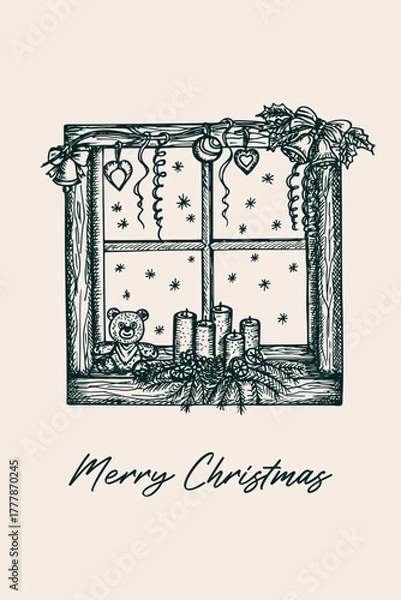 Obraz Christmas greeting card. Hand-drawn sketch illustration of a window decorated with Christmas decorations, candles, and jingle bells. Vector line art drawing, isolated