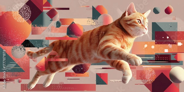 Fototapeta Orange cat leaping through a colorful abstract geometric background in digital art style