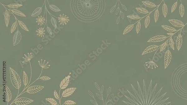 Fototapeta Sage Green and Gold Minimal Boho Pattern with Botanical Line Art and Mandala Design