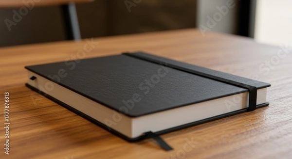 Fototapeta Black Hardcover Notebook with Elastic Band and Bookmark on Wooden Table