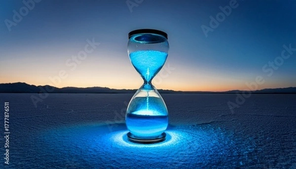 Fototapeta giant hourglass filled with glowing blue sand in the middle of an empty salt flat at dusk