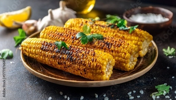 Fototapeta delicious grilled corn on the cob garnished with spices and herbs
