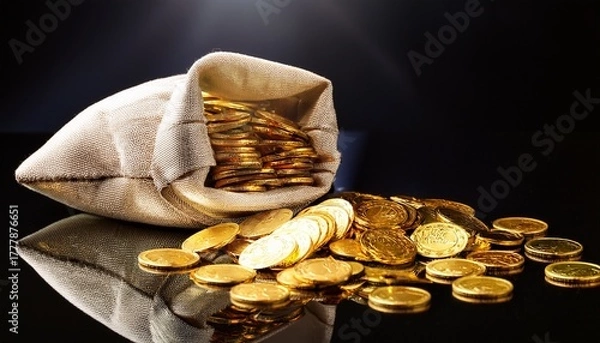 Fototapeta a bag filled with shining gold coins spilled over a reflective surface