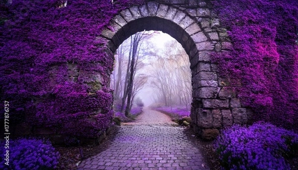 Fototapeta stone archway leads to purple fantasy forest path
