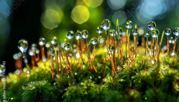 Fototapeta macro view of moss covered in dew drops