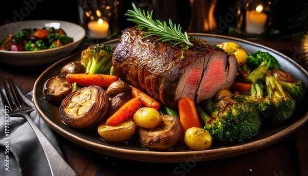 Fototapeta an appetizing roast served with vibrant vegetables on a platter