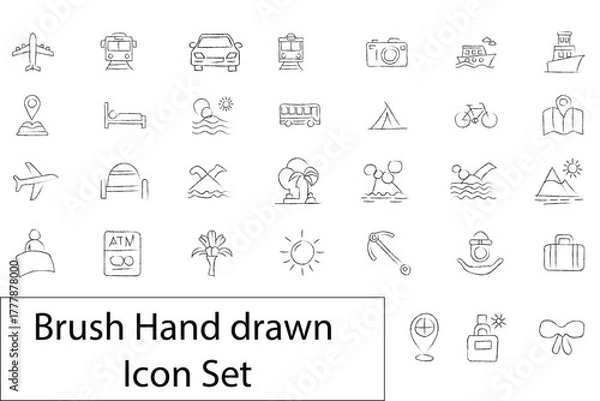 Obraz Brush hand drawn icon set featuring various travel and tourism related symbols isolated on white background