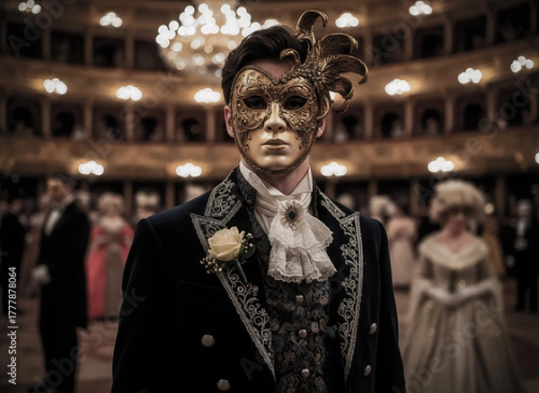Fototapeta Young man wearing elaborate golden mask at masquerade ball