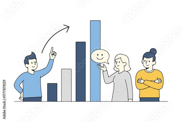 Obraz People standing near a bar graph isolated on white background with positive feedback