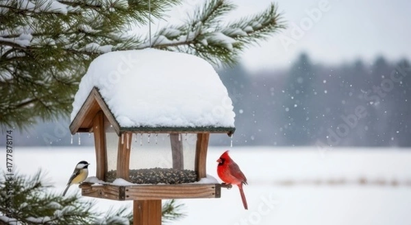 Obraz Red Cardinal with Chickadee, Snowy Bird Feeder, and Winter.