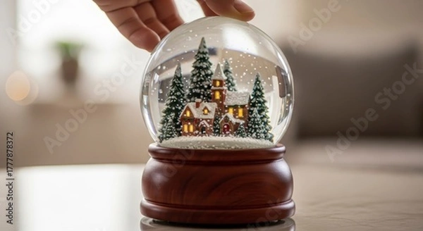 Obraz Hand holds festive Christmas snow globe winter scene.