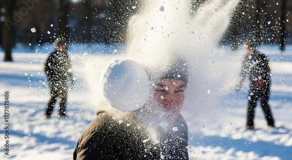 Obraz Snowball impact on head with winter park fun.