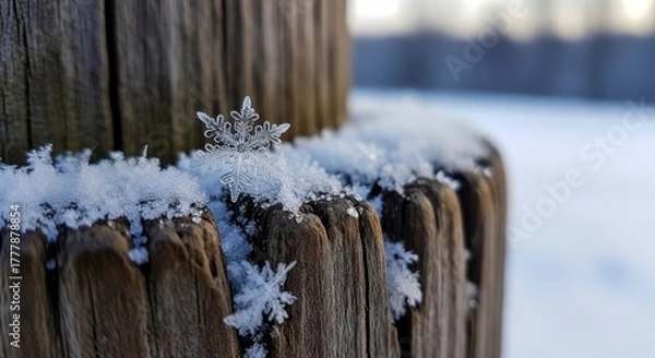Obraz Macro Snowflake on Rustic Wood Post in Winter Snow.
