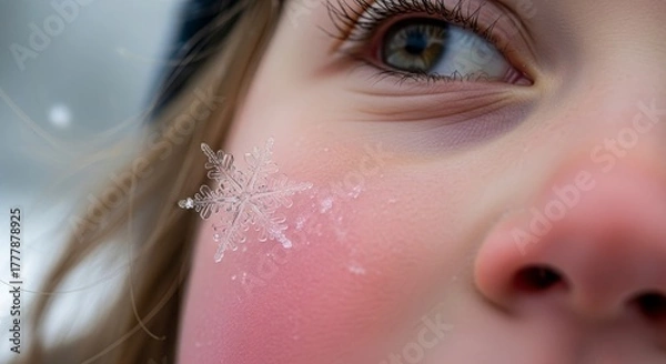 Obraz Childs face with snowflake with winter wonder.