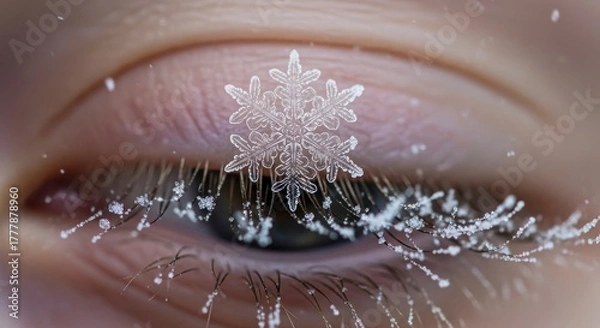 Obraz Macro winter eye Snowflake on eyelid with frosted lashes.