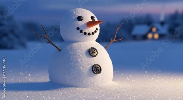 Obraz Smiling Snowman in Winter Wonderland at Dusk.