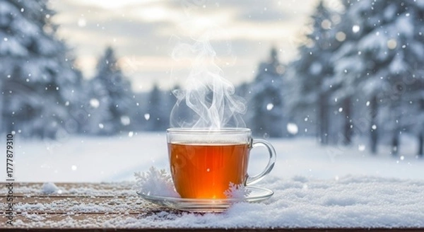 Obraz Steaming hot tea cup on snowy wooden table with winter forest.