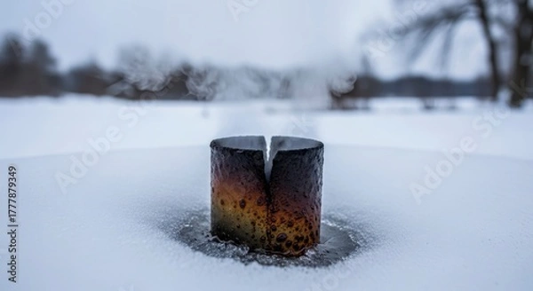 Obraz Rusty pipe vent steam in snowy winter landscape.