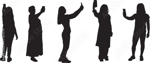 Obraz vector, silhouette of group of women taking a self-portrait with smartphone