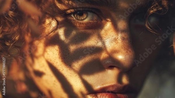 Fototapeta Close-up of a freckled face bathed in warm sunlight, with striped shadows across the face. Concept Close-up portrait, Freckled skin, Golden hour lighting, Striped shadow patterns, Natural sunlight