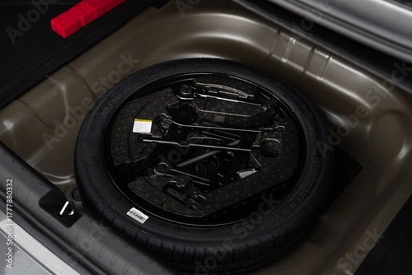 Fototapeta Spare tire in car trunk. A new tire. Changing a tire on the road, preparing for a trip, a serious incident. Car maintenance.
