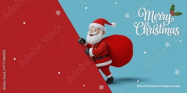 Fototapeta 3D Render of Merry Santa Claus Peeking Around a Split Red and Blue Background While Carrying a Gift Sack, with Copy Space for Sale Text