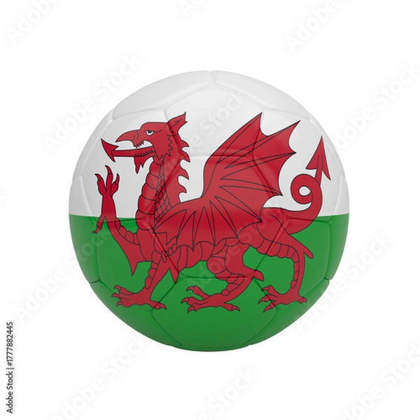Fototapeta Welsh national flag (Y Ddraig Goch) on a soccer ball, isolated 3d rendering