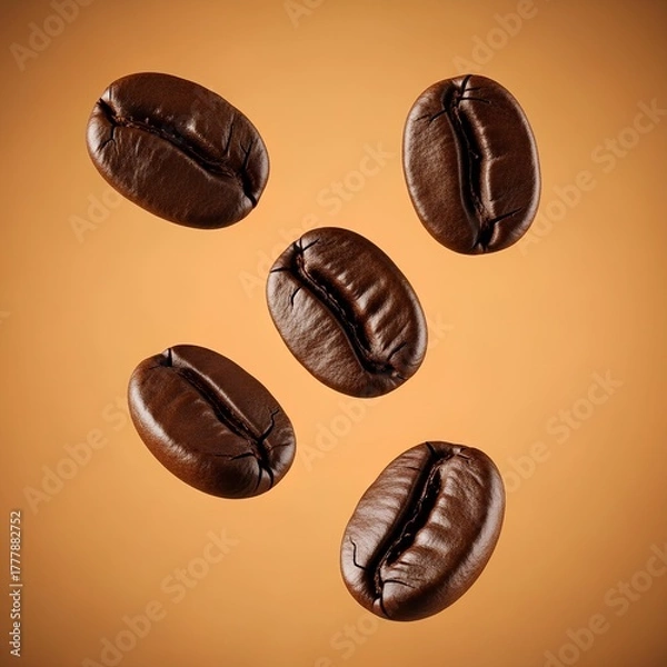Fototapeta An ultra-realistic, high-resolution, macro studio photograph of four perfectly roasted coffee beans floating in mid-air.