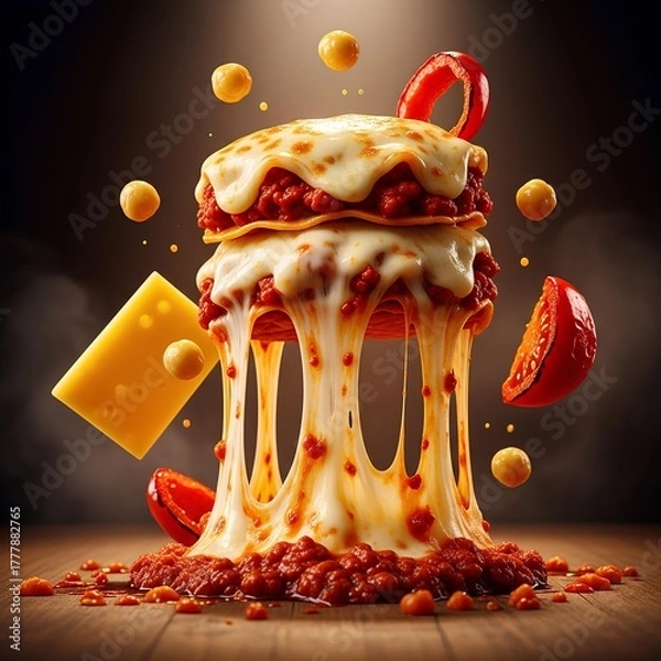 Fototapeta A hyper-realistic, dramatic, and dynamic commercial food photograph of lasagna