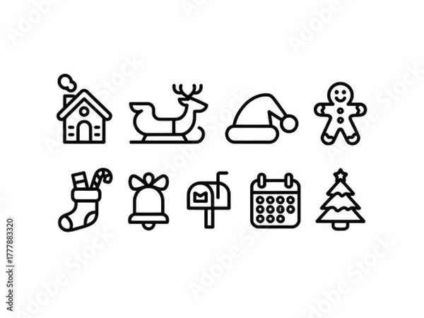 Fototapeta A collection of festive Christmas icons including a house, sleigh, Santa hat, gingerbread man, stocking, bell, mailbox, calendar, and tree.