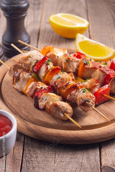 Obraz Delicious grilled chicken skewers with capsicum, lemon, salad and ketchup on a plate over the table. Chicken kebab. Healthy food concept.